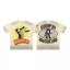 Roughplay Vintage Cartoon Rabbit Globe Logo Cream Smoke‑Wash Raw‑Hem Boxy Cropped T‑Shirt