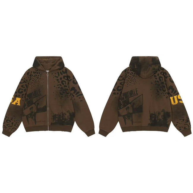 Vale Forever Vintage Leopard Print & "USA" Graphic Zip-Up Hoodie & Sweatpants Set - Brown Main Image