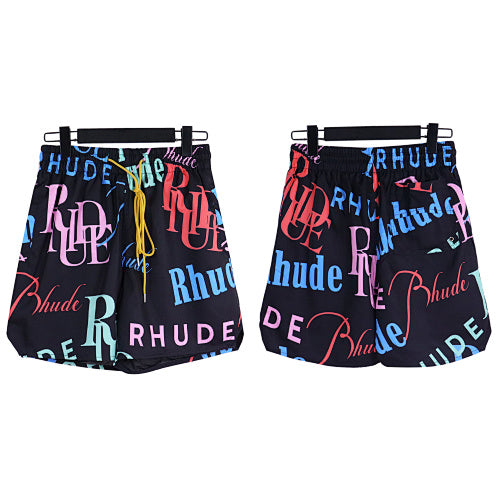 Rhude Black All‑Over Multicolor Logo Shorts Hover Image