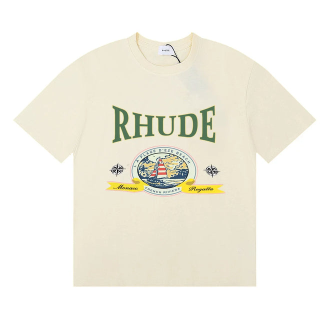 Rhude Retro Globe Badge Green Letter Cream Oversized T‑Shirt Hover Image