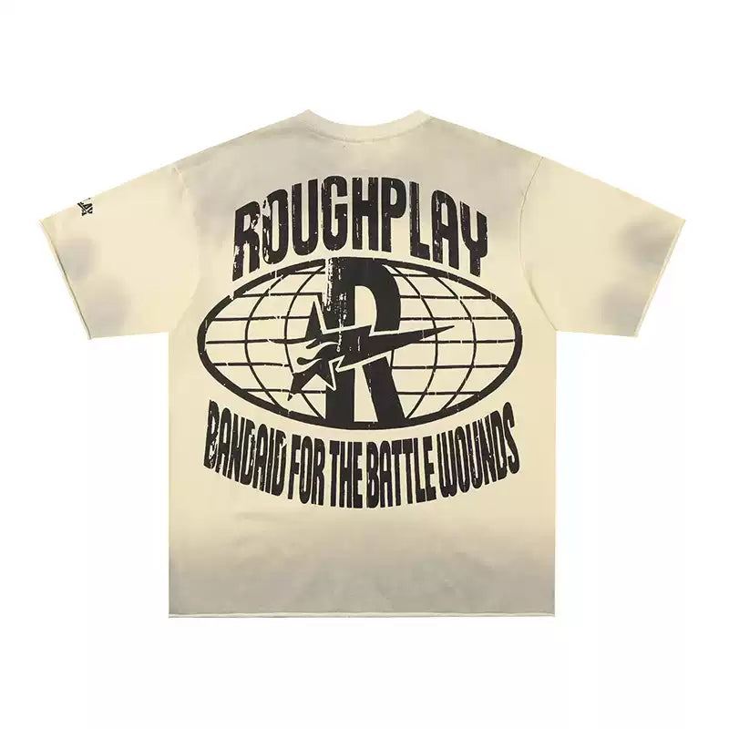 Roughplay Vintage Cartoon Rabbit Globe Logo Cream Smoke‑Wash Raw‑Hem Boxy Cropped T‑Shirt