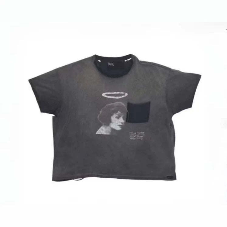 Play Hollywood Halo‑Angel Vintage‑Portrait Patch‑Pocket Cropped Boxy Short‑Sleeve Tee