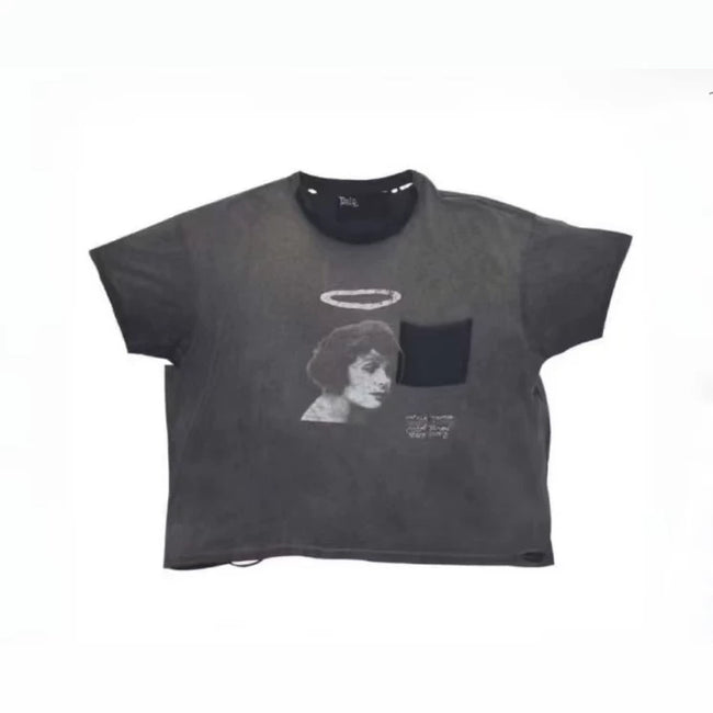 Play Hollywood Halo‑Angel Vintage‑Portrait Patch‑Pocket Cropped Boxy Short‑Sleeve Tee Hover Image