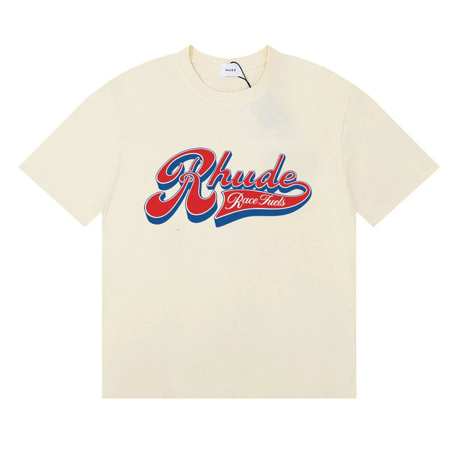 Rhude Retro Script Race Trust Logo Cream Oversized T‑Shirt Hover Image