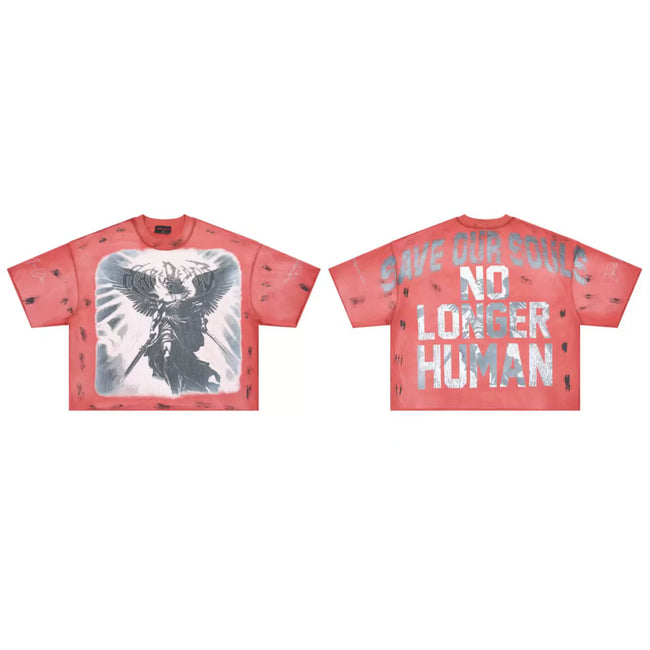 ROUGHPLAY Warrior Angel Red Distressed Boxy Cropped T‑Shirt Hover Image