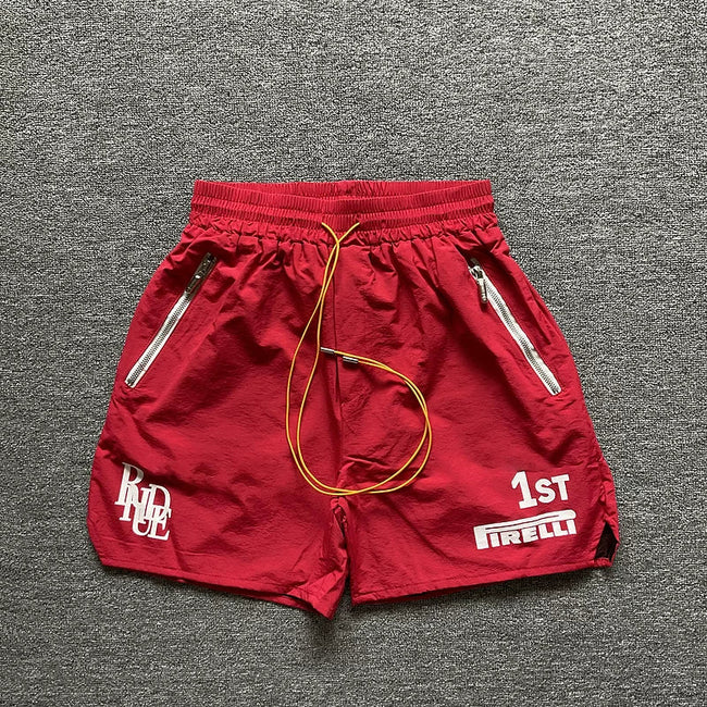 Rhude Red Nylon Racing Graphic Shorts Hover Image
