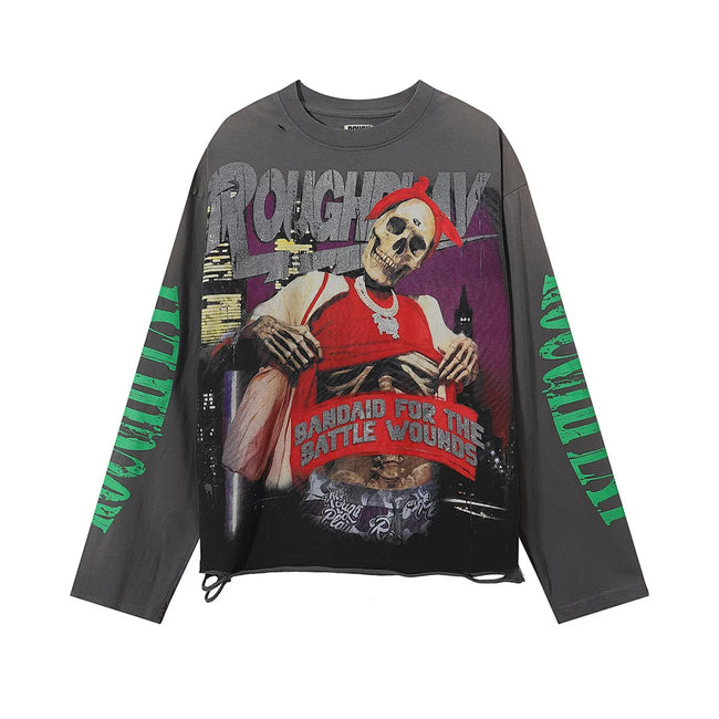 Roughplay Hip‑Hop Skeleton City Skyline Vintage Distressed Long Sleeve T‑Shirt Main Image
