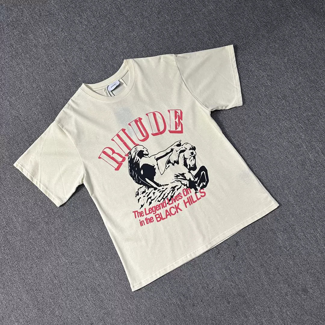 Rhude Arch Logo Black Hills Slogan Crew Neck Casual T‑Shirt