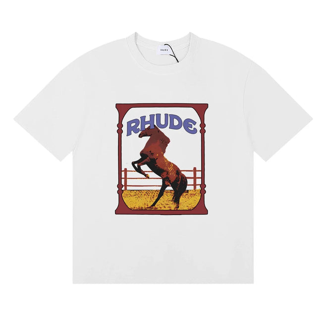 Rhude Wild Steed Horse Frame Vintage Print White Oversized T‑Shirt Hover Image