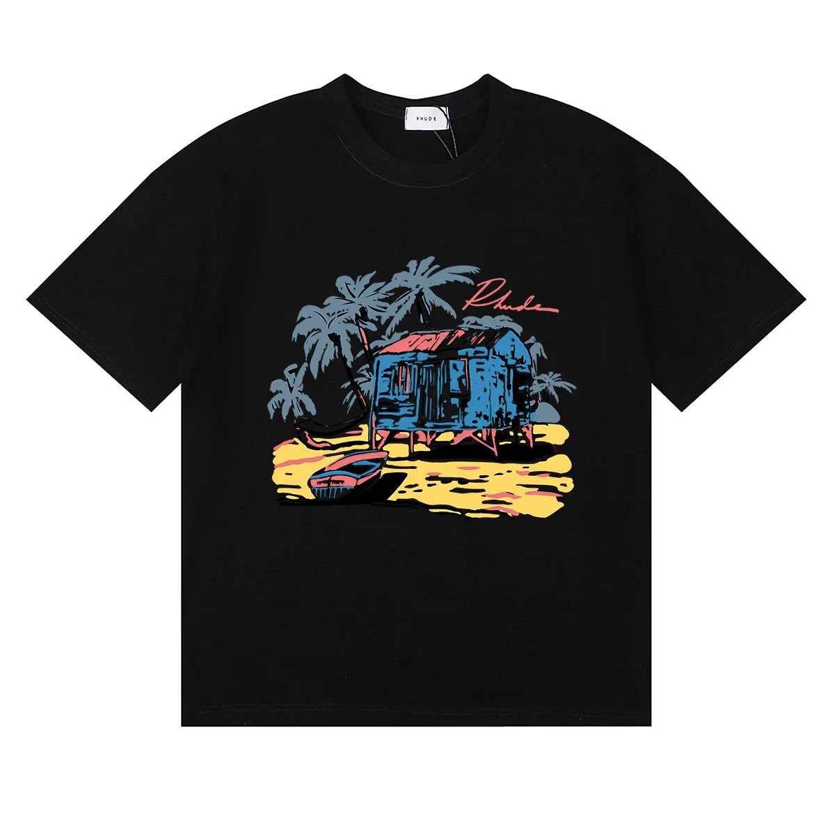 Rhude Tropical Beach Hut Palm Tree Retro Black Oversized T‑Shirt