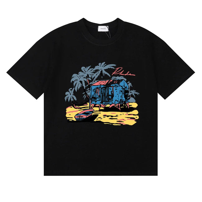 Rhude Tropical Beach Hut Palm Tree Retro Black Oversized T‑Shirt Hover Image