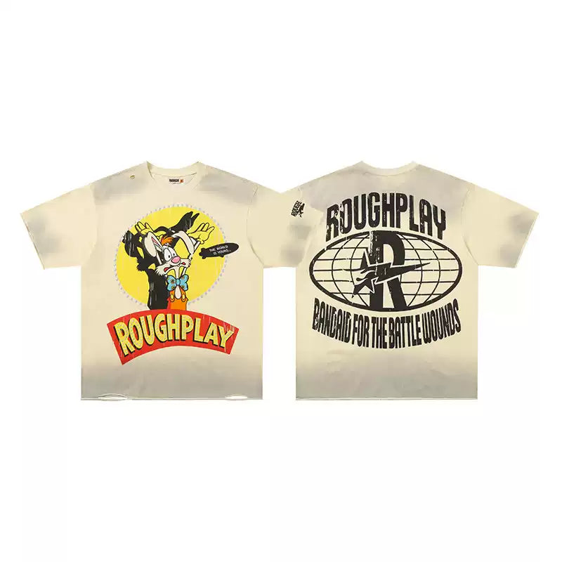 Roughplay Vintage Cartoon Rabbit Globe Logo Cream Smoke‑Wash Raw‑Hem Boxy Cropped T‑Shirt