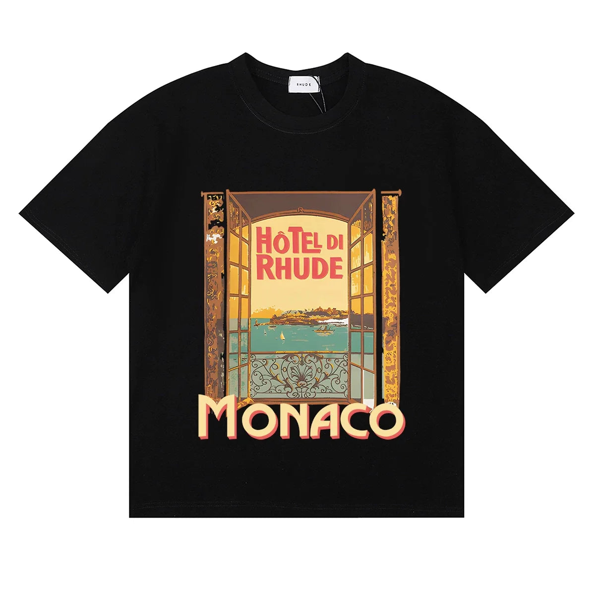 Rhude Hotel Di Rhude Monaco Window View Vintage Black Oversized T‑Shirt