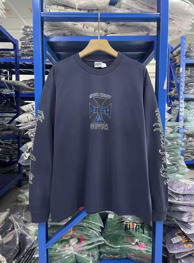 West Coast Choppers Flame‑Cross Sleeve‑Script Print Vintage Wash Long‑Sleeve Tee Navy Hover Image
