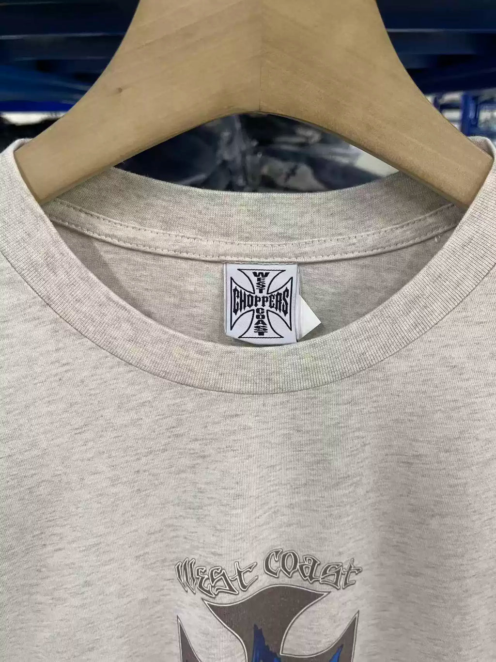 West Coast Choppers Flame‑Cross Sleeve‑Script Print Heather Beige Long‑Sleeve Tee