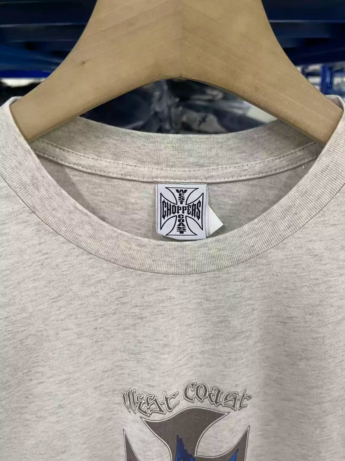 West Coast Choppers Flame‑Cross Sleeve‑Script Print Heather Beige Long‑Sleeve Tee