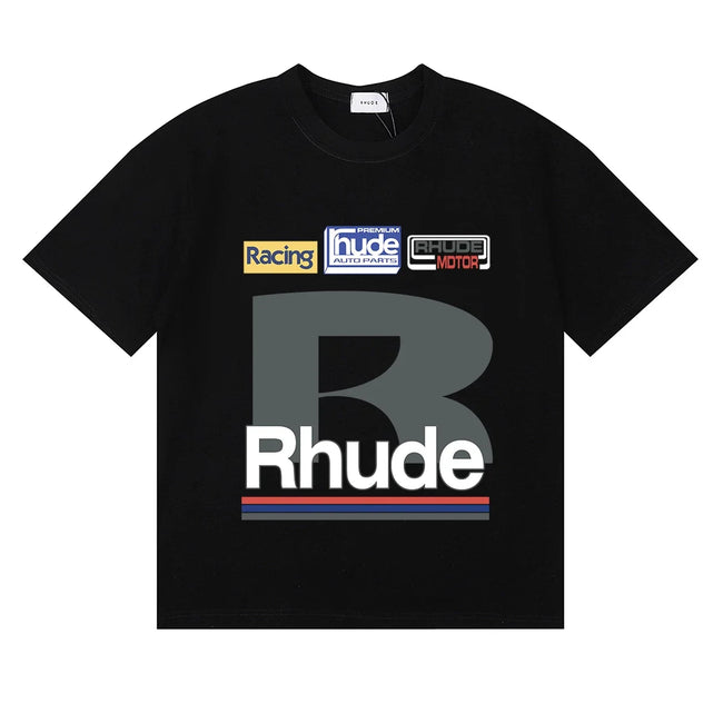 Rhude Big B Letter Racing Badge Patch‑Style Black Oversized T‑Shirt Hover Image