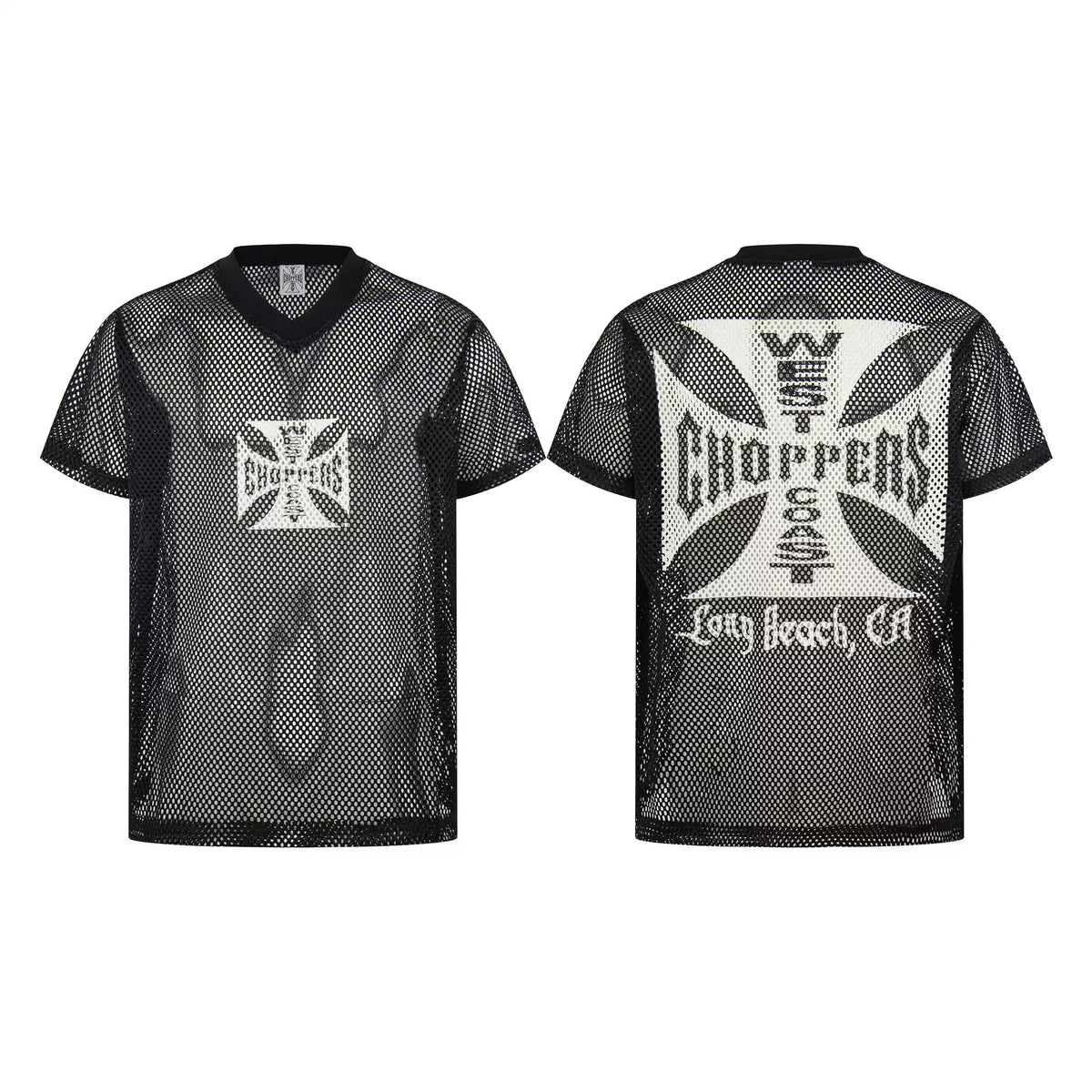West Coast Choppers Mesh V‑Neck Jersey Front‑Back Cross Logo Oversized Streetwear Tee