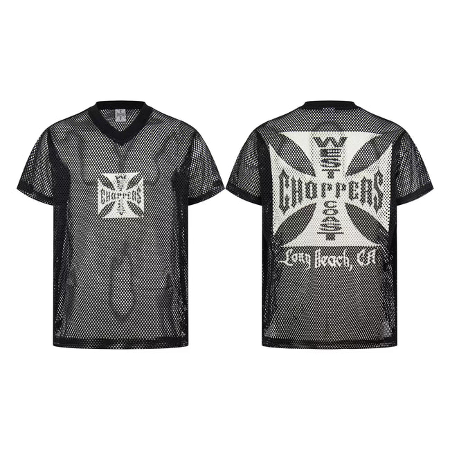 West Coast Choppers Mesh V‑Neck Jersey Front‑Back Cross Logo Oversized Streetwear Tee Hover Image
