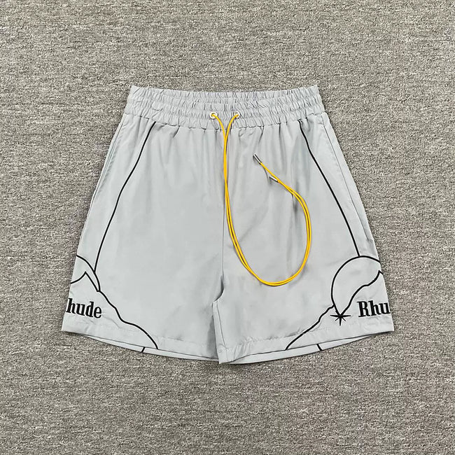 Rhude Outline Print Light Grey Nylon Shorts Hover Image