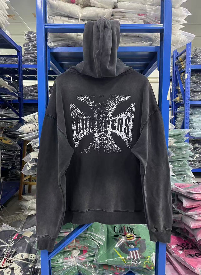 West Coast Choppers Distressed‑Cross Back‑Print Vintage Wash Full‑Zip Hoodie Black（副本） Main Image
