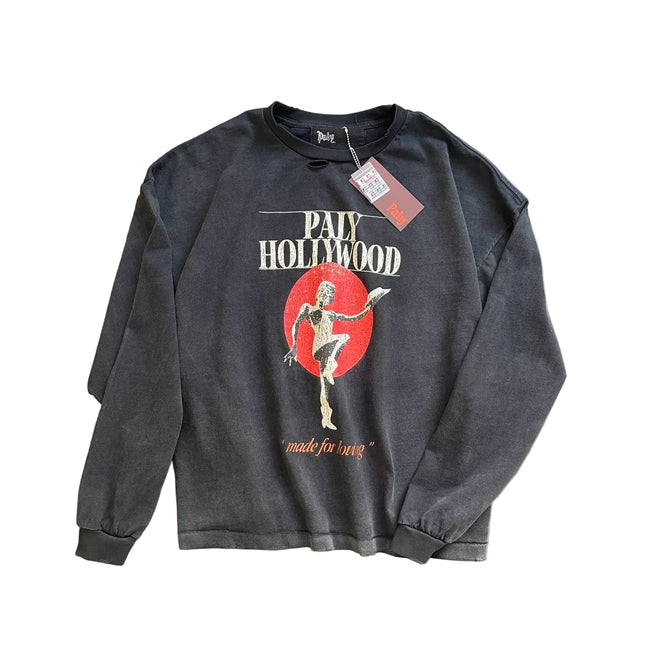 Paly Hollywood Distressed‑Neck Boxy Long‑Sleeve Oversized Streetwear Top Hover Image