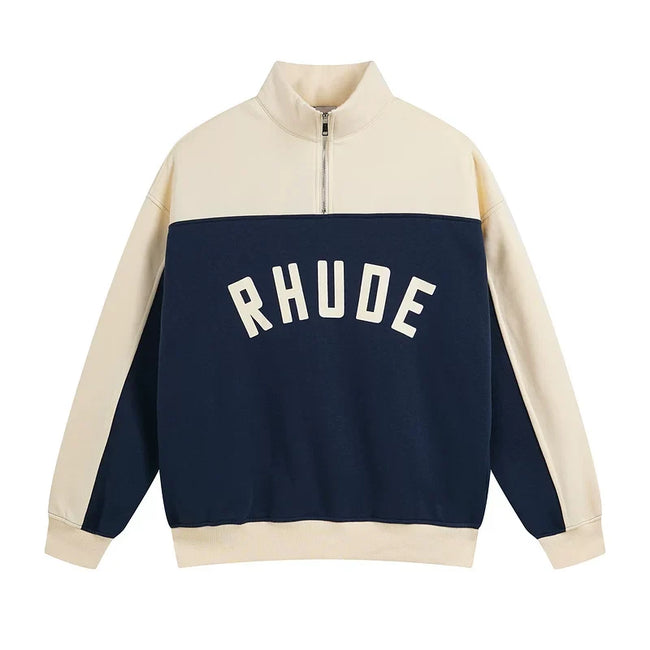 Rhude Color Block Quarter Zip Arch Logo Sweatshirt Navy Hover Image