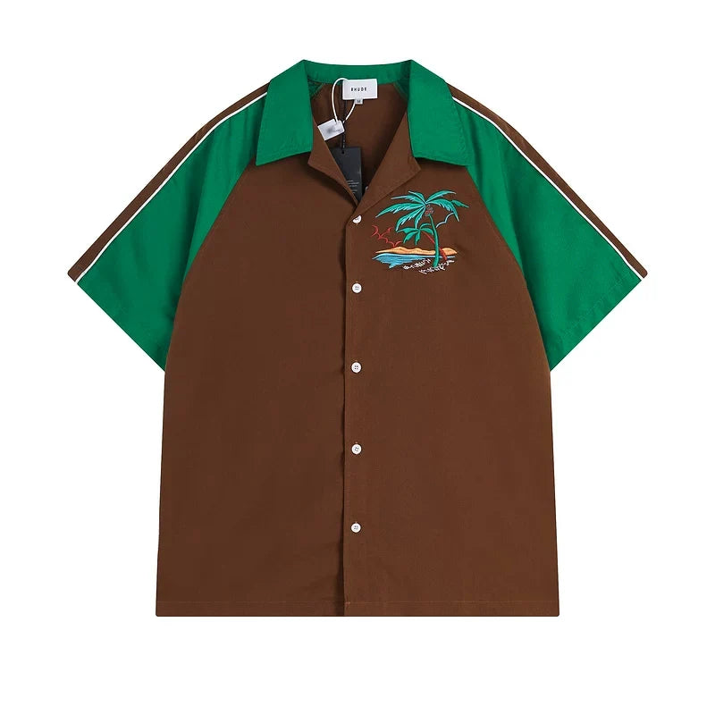 Rhude Palm Beach Embroidered Color‑Block Bowling Shirt Brown Green