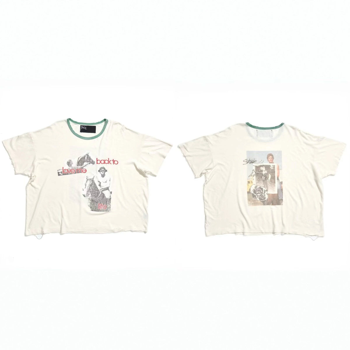 Play Hollywood Love Me Back To Life Cowboy‑Collage Green‑Ringer Dual‑Sided Cropped Boxy Short‑Sleeve Tee