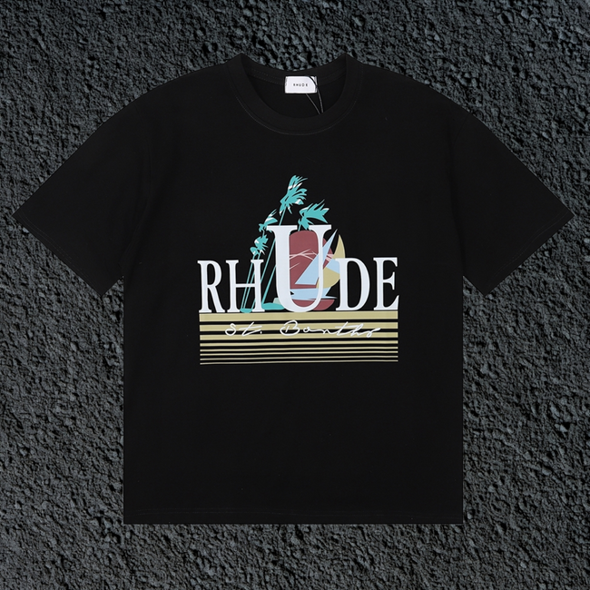 Rhude Palm Retro Striped Logo Black Oversized T‑Shirt Hover Image
