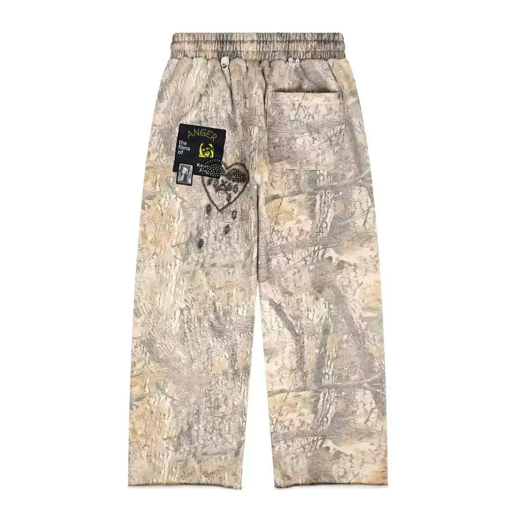 Play Hollywood Retro Earth‑Tone Camo Wash Wide Leg Sweatpants