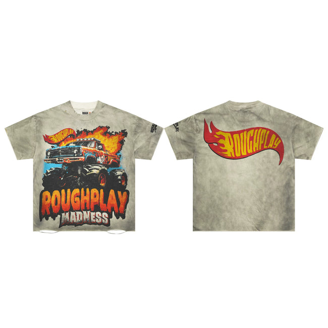 Roughplay Grey Tie‑Dye Ripped Hem Boxy Cropped T‑Shirt Hover Image