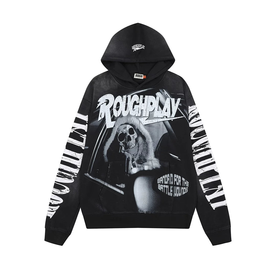 Roughplay B&W Skeleton Drummer Tongue Star Vintage Distressed Hoodie