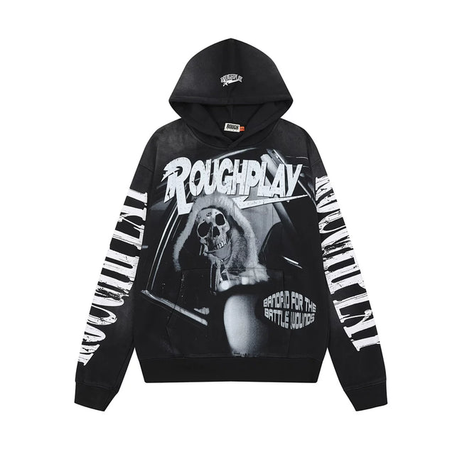 Roughplay B&W Skeleton Drummer Tongue Star Vintage Distressed Hoodie Hover Image