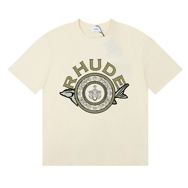 Rhude Ornate Crest Circular Emblem Vintage Cream Oversized T‑Shirt Hover Image