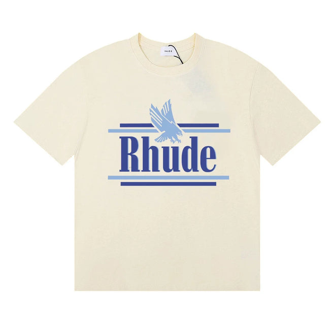 Rhude Eagle Graphic Blue Logo Cream Oversized T‑Shirt Hover Image