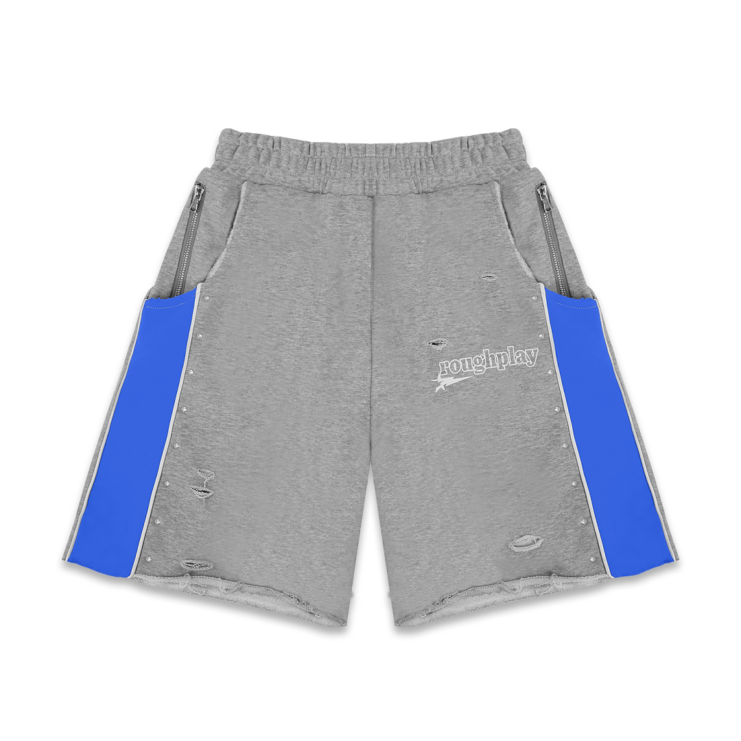 Roughplay Grey‑Blue Color‑Block Rivet Distressed Raw‑Hem Sweat Shorts