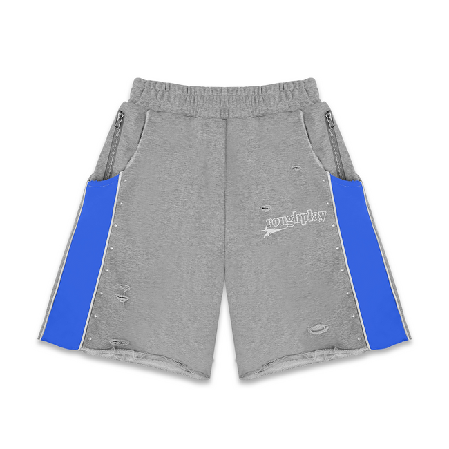 Roughplay Grey‑Blue Color‑Block Rivet Distressed Raw‑Hem Sweat Shorts Hover Image
