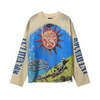 Roughplay Sun Tongue Logo Skeleton Mushroom Hill Vintage Acid Wash Long Sleeve T‑Shirt