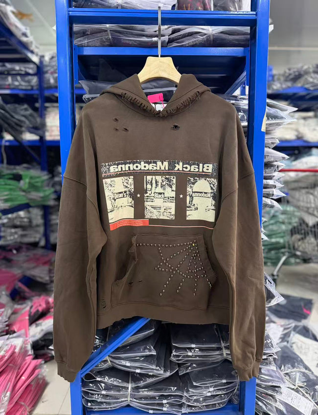 Play Hollywood Vintage‑Wash  Brown Cropped Pullover Oversized Hoodie Hover Image