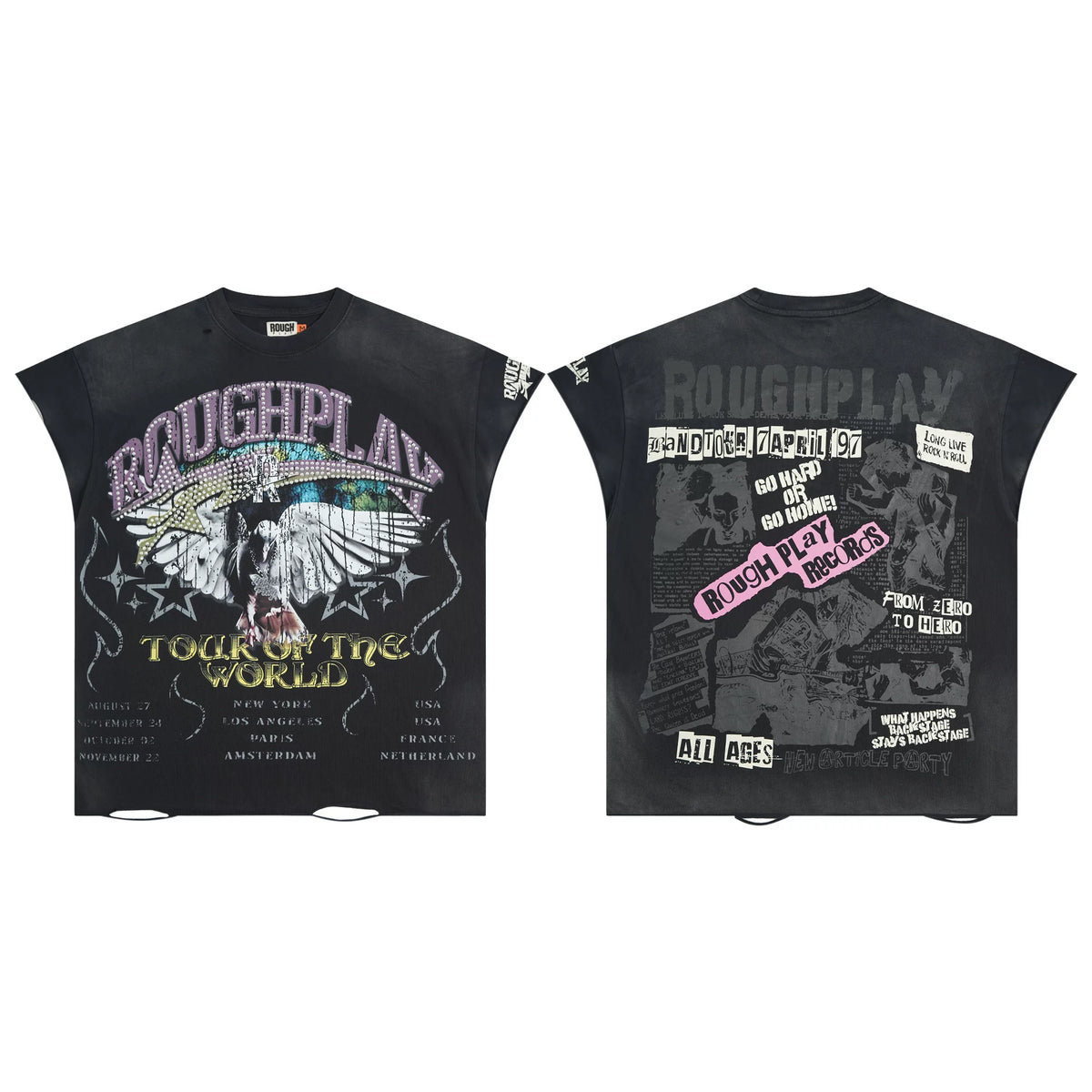 Roughplay Vintage Collage Black Washed Sleeveless Boxy Tank Top
