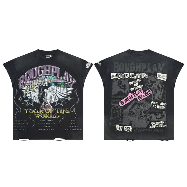 Roughplay Vintage Collage Black Washed Sleeveless Boxy Tank Top Hover Image