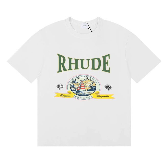 Rhude Retro Globe Badge Green Letter White Oversized T‑Shirt Hover Image