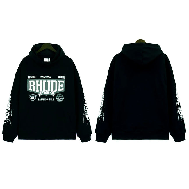 RHUDE Multi‑Badge Racing Sleeve Hoodie Black Hover Image