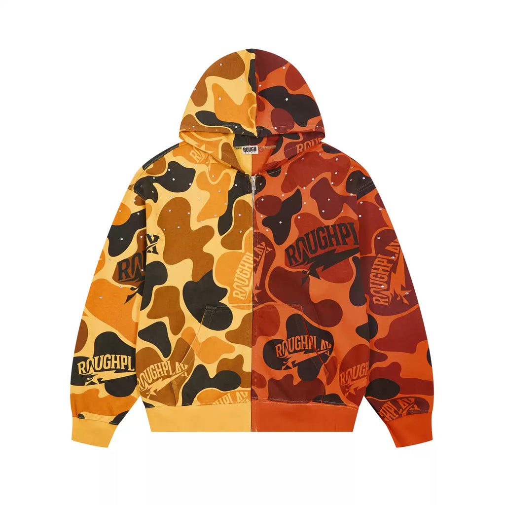 Roughplay Orange‑Yellow Split Camo Zip‑Up Hoodie