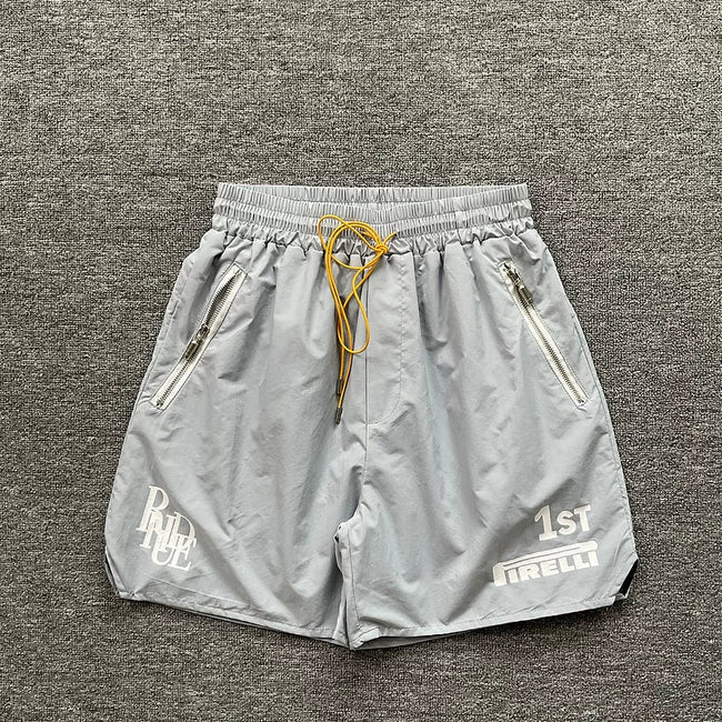 Rhude Grey Nylon Racing Graphic Shorts Hover Image
