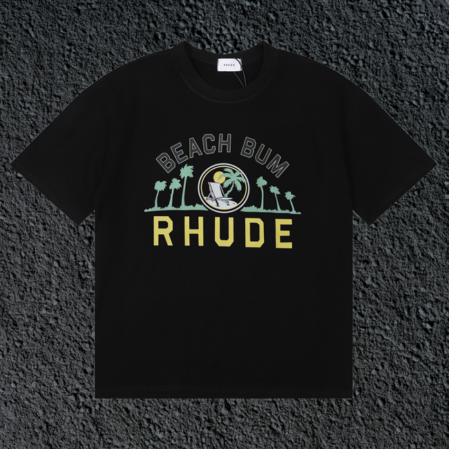 Rhude Beach Bum Palm Beach Retro Varsity Black Oversized T‑Shirt Hover Image