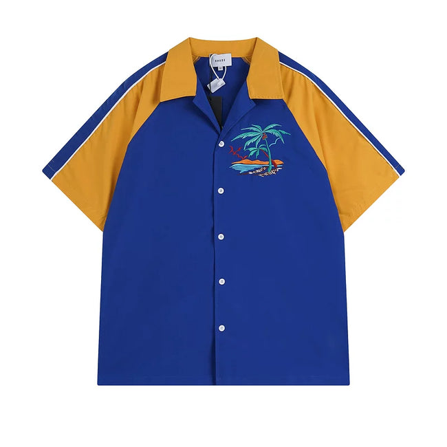 1. Rhude Palm Beach Embroidered Color‑Block Bowling Shirt Blue Yellow Hover Image