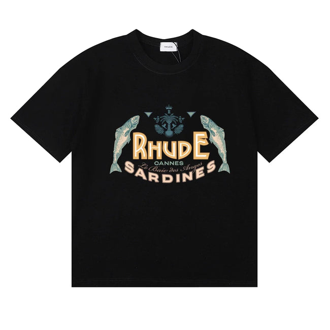 Rhude Cannes Sardines Fish Retro Nautical Black Oversized T‑Shirt Hover Image