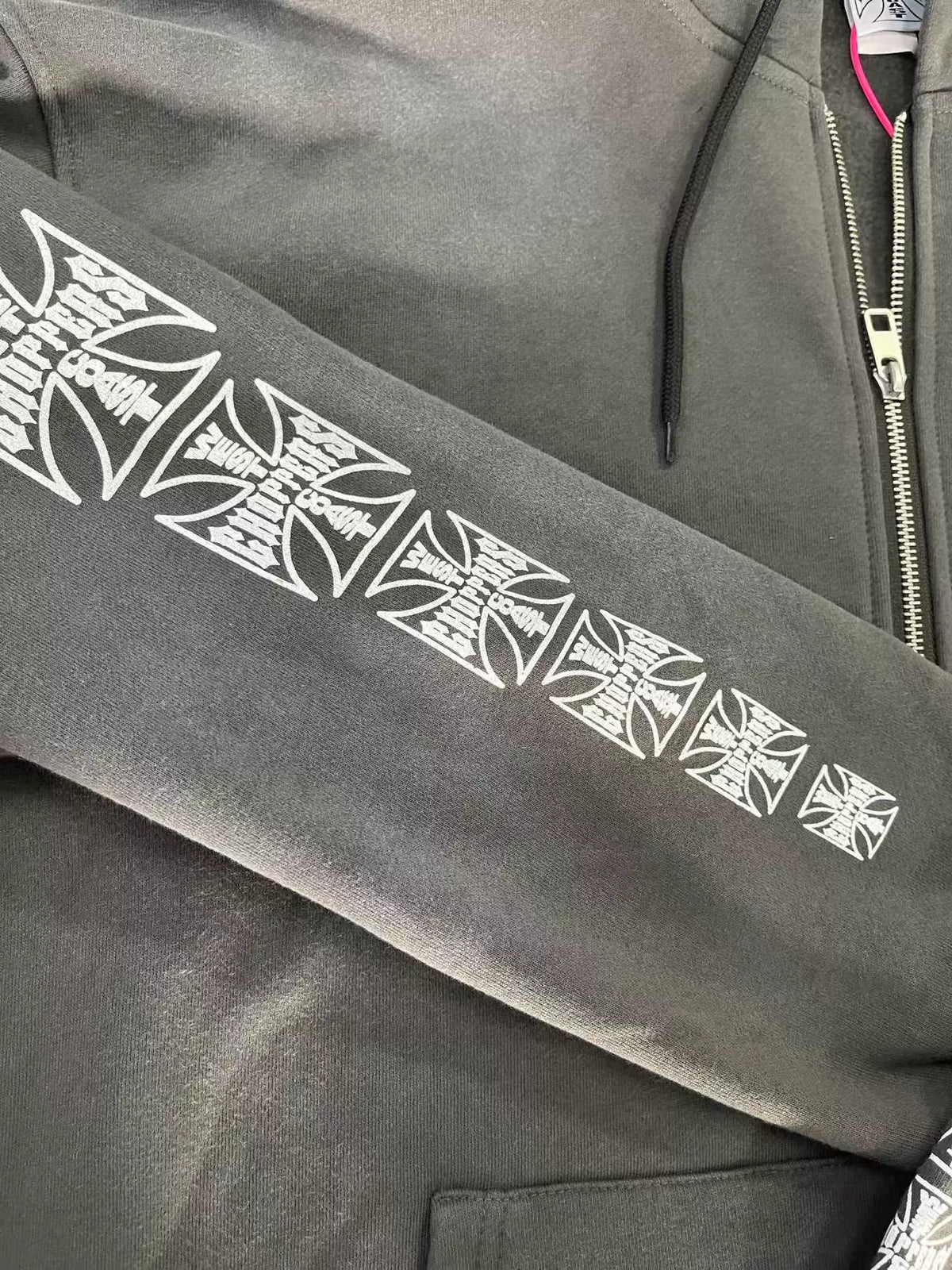 West Coast Choppers Cross Logo Sleeve‑Print Vintage Wash Zip‑Up Hoodie